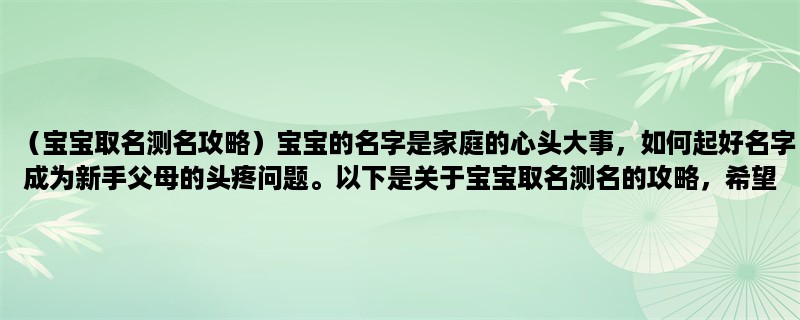 （宝宝取名测名攻略）宝宝的名字是家庭的心头大事，如何起好名字成为新手父母的头疼问题。以下是关于宝宝取名测名的攻略，希望能为您提供一些帮助。